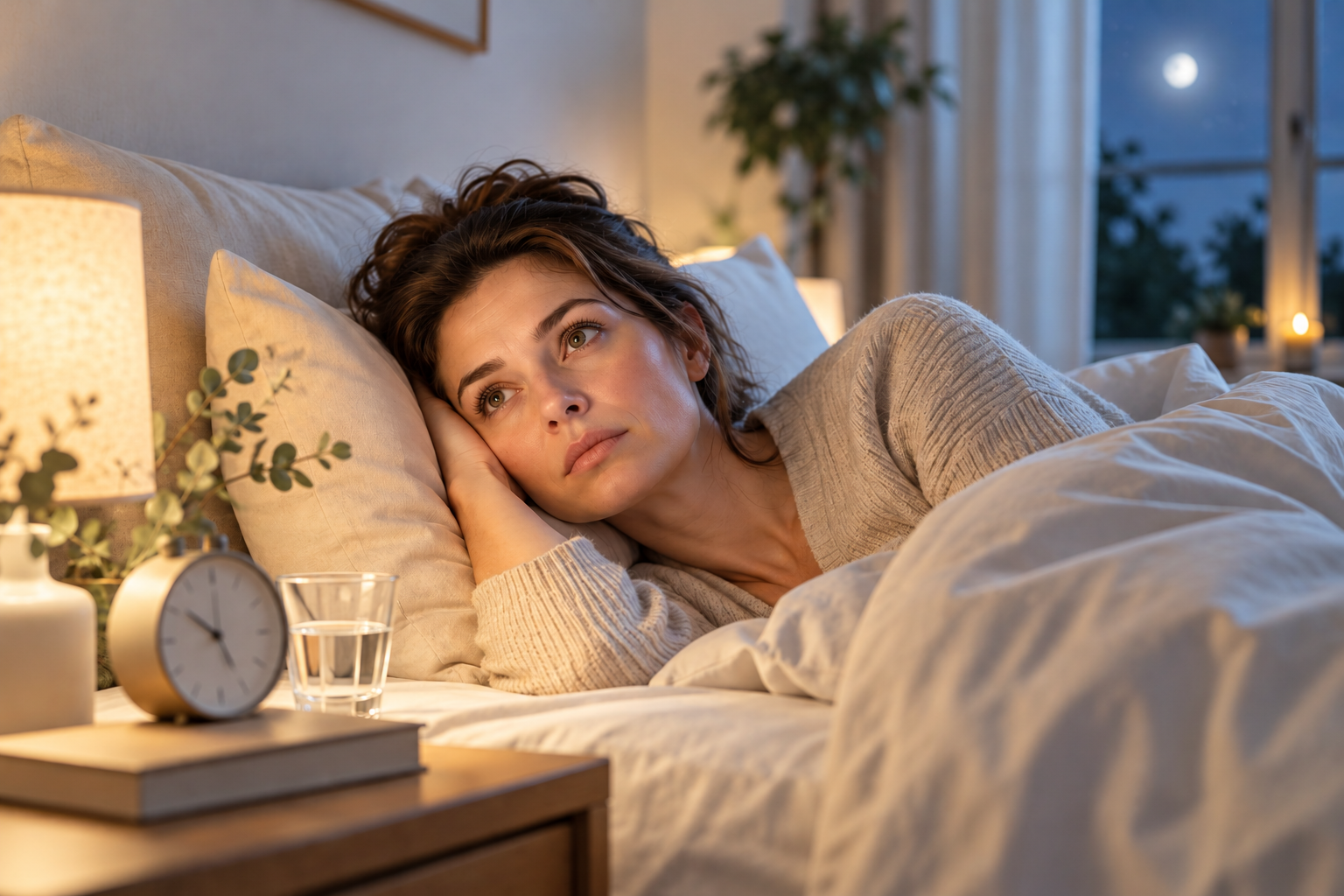 Een vrouw ligt wakker in een warm verlichte slaapkamer, met een klok op het nachtkastje